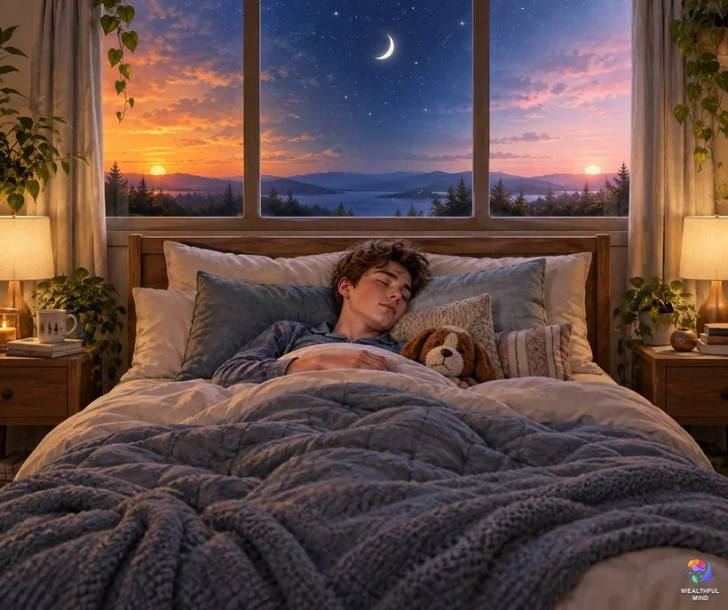 The three moments to shift in your sleep: a bedroom window going from dusk to night to dawn above a sleeping young man