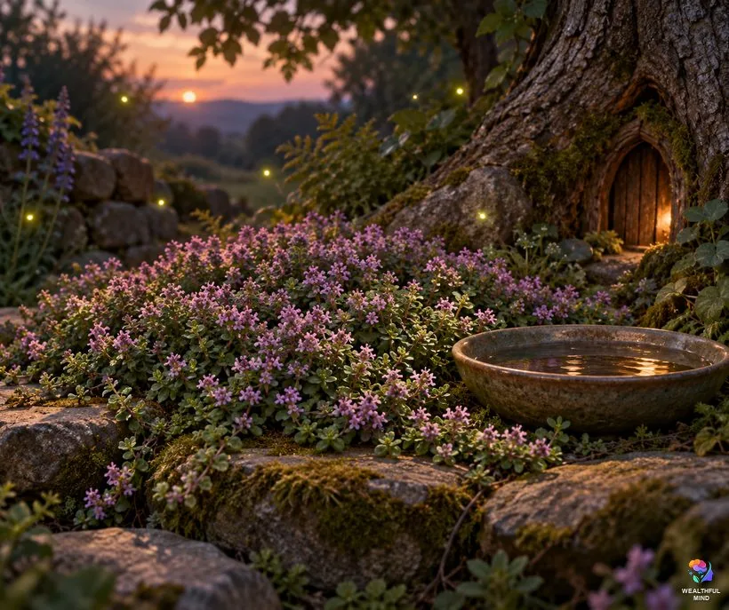 Thyme and the fairies: a patch of flowering creeping thyme in a quiet garden corner at dusk with a dish of water