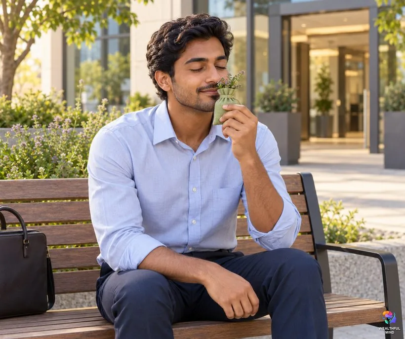 Thyme for courage: a young man holding a thyme sachet and breathing in its scent before a job interview