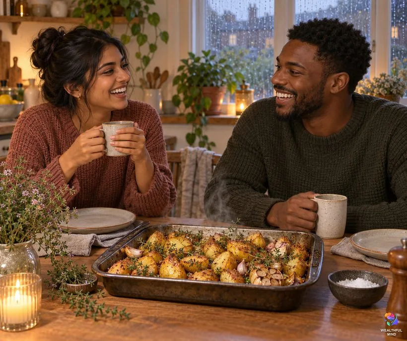 Thyme for love and friendship: two friends sharing roast potatoes with thyme at a kitchen table on a rainy day