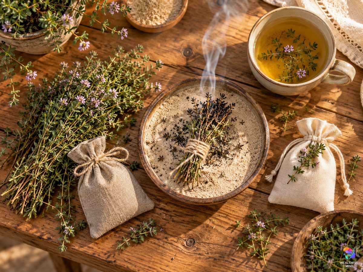 Thyme magical properties: a fresh thyme bunch, courage sachet, smoldering thyme bundle and dream pouch on a wooden table