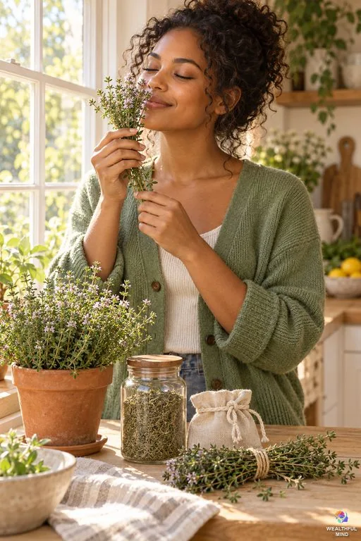 Thyme magical properties: a young woman breathing in a fresh bunch of thyme at a sunny windowsill beside a thyme bundle and pouch
