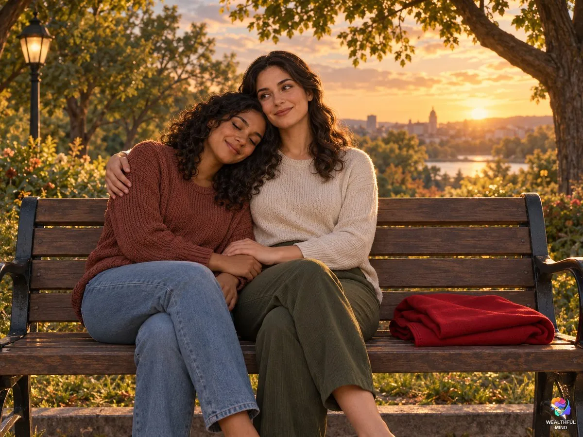 Tired of being strong: a young woman resting her head on a friend's shoulder on a park bench, her red cape set aside