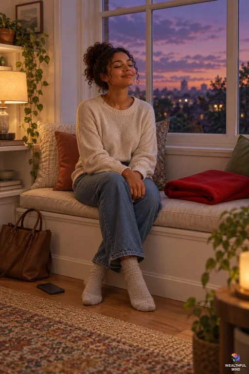 Tired of being strong: a young woman resting by a window at dusk with a folded red cape set aside beside her