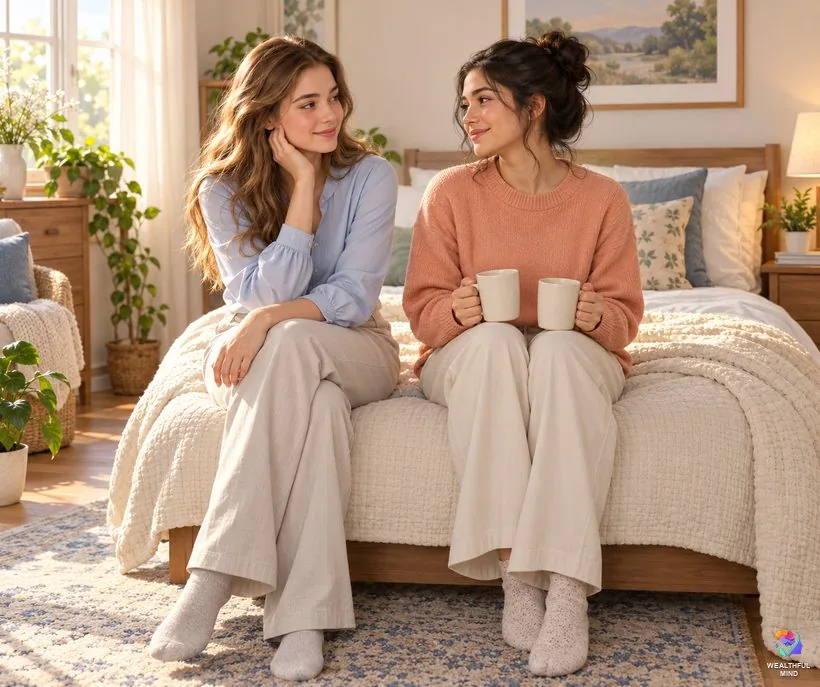 Biting your tongue in your sleep: a young woman on her bed in the morning talking calmly with a friend