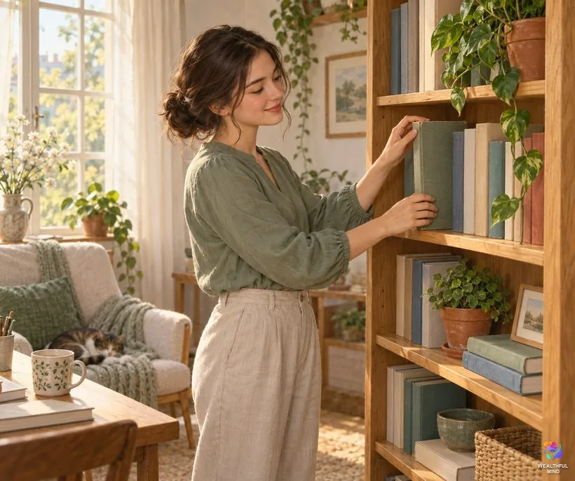 Tried shifting for months or years: a young woman calmly putting her notebook back on a sunny bookshelf