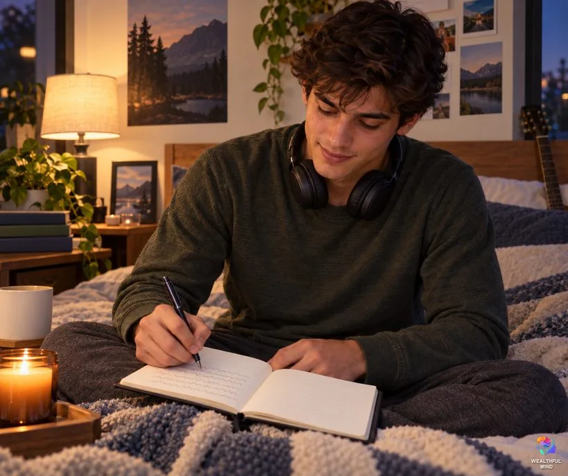 How to turn a visual shifting method into a non-visual one: a young man writing a description of his desired reality in a notebook