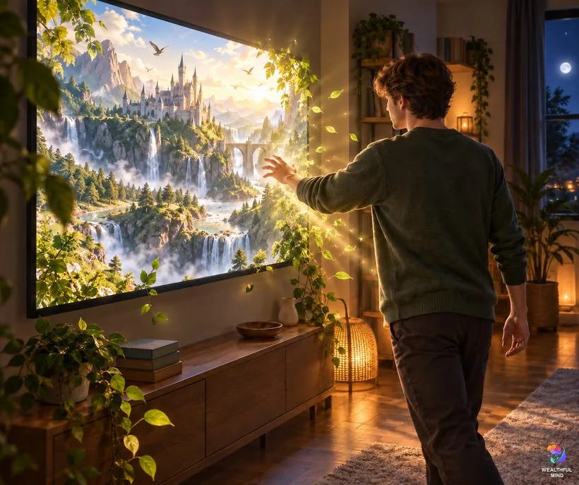 TV screen method shifting: a young man in a lucid dream reaching into a glowing TV screen that opens onto a fantasy castle valley