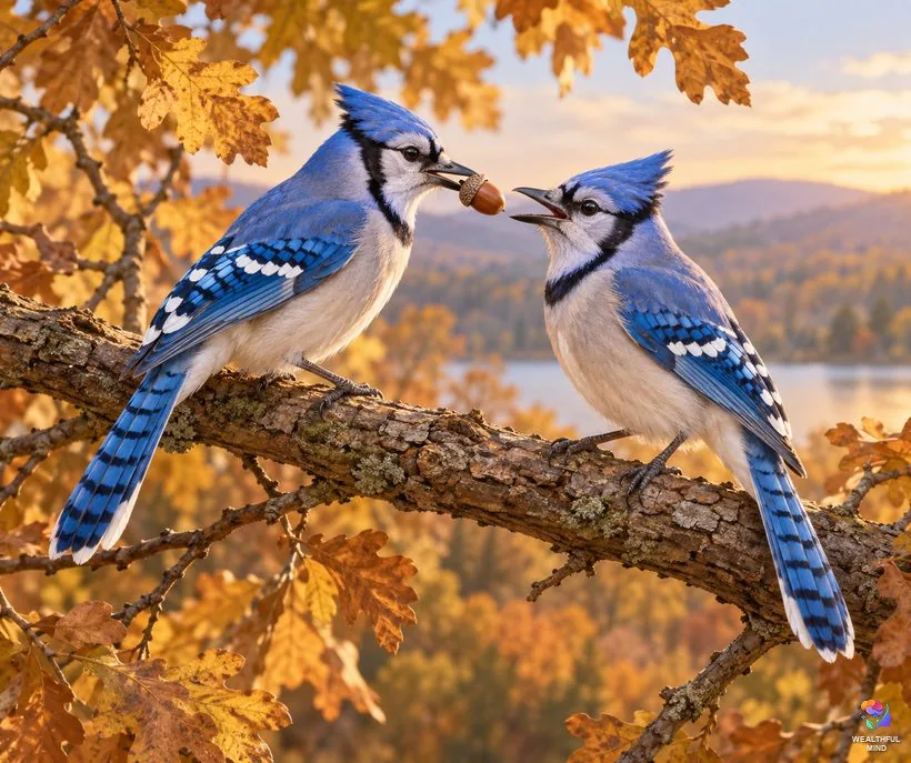 Two blue jays meaning: a pair of blue jays sharing an acorn on an oak branch in autumn light