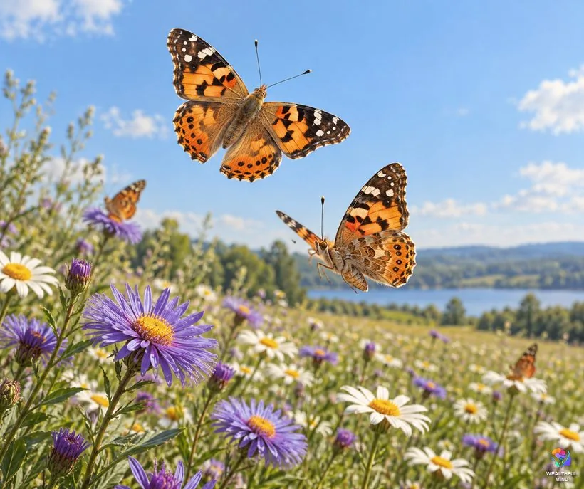 Two butterflies together: a pair of painted lady butterflies flying in a spiral over a sunny wildflower meadow