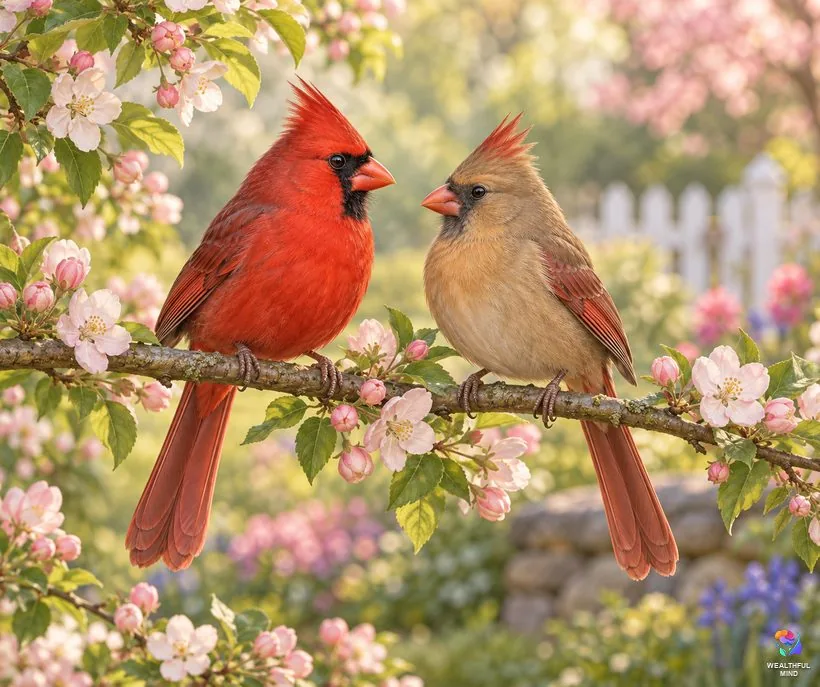 Two cardinals together: a red male and a brown female Northern Cardinal side by side on a blossoming branch