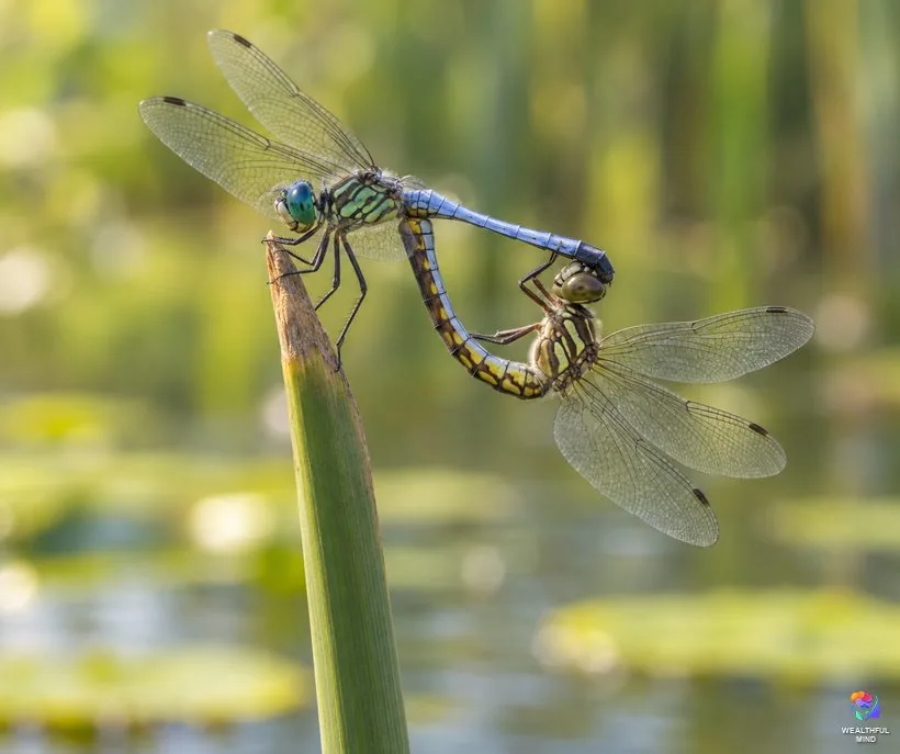 Two dragonflies together: a pair of blue dashers on a reed forming a heart shape with their bodies