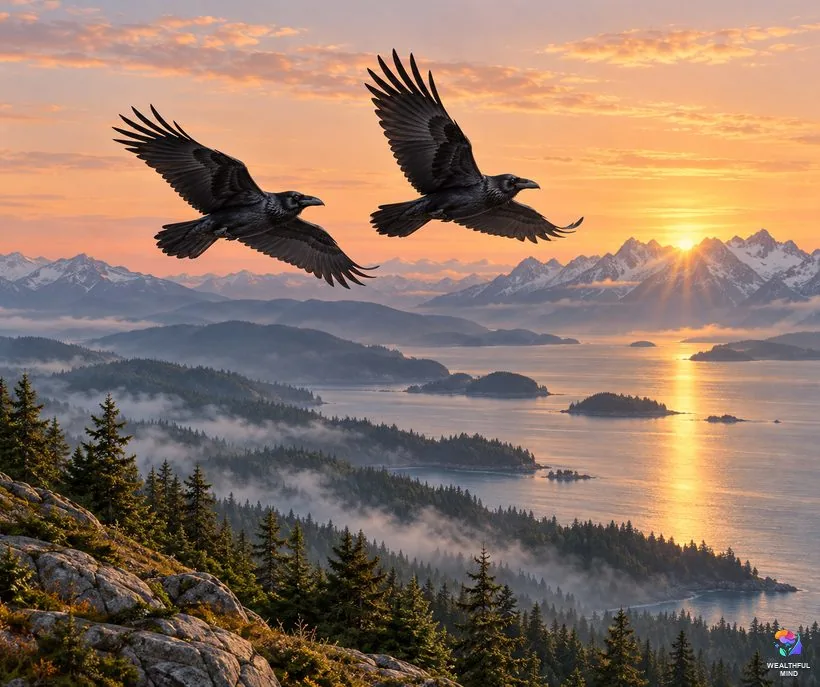 Ravens in different traditions: two black ravens flying side by side at dawn over misty mountains and sea
