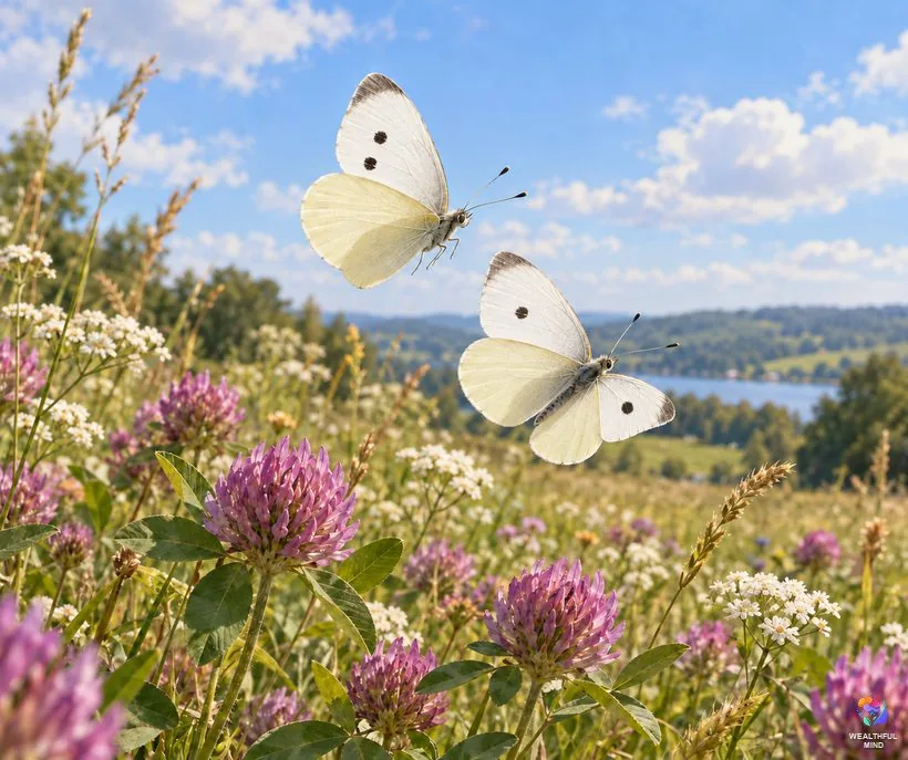 Two white butterflies together: a pair of cabbage whites flying side by side over purple clover and wildflowers