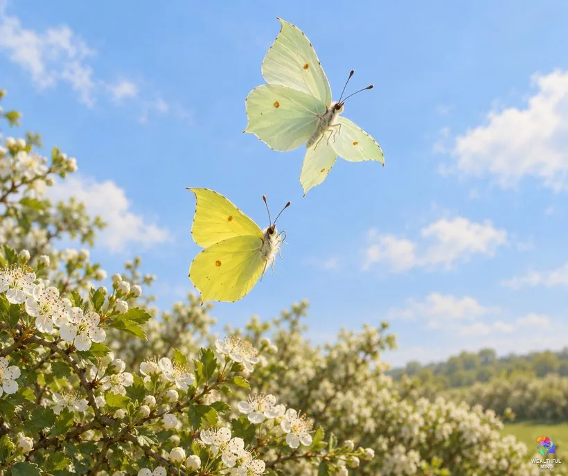 Two yellow butterflies together: a pair of brimstones spiraling upward above a flowering spring hedge