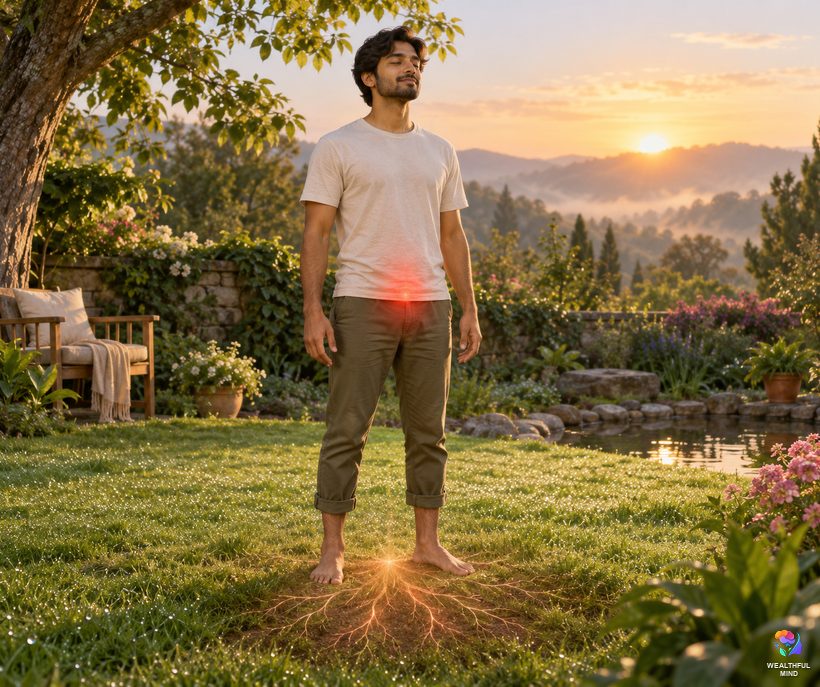 How to unblock the root chakra: a young man standing barefoot on grass at sunrise with a red glow at the base of his spine