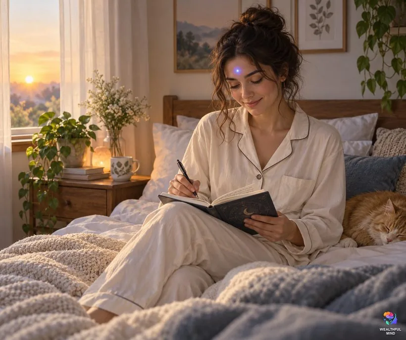 How to unblock the third eye chakra: a young woman writing in a dream journal at dawn with an indigo glow between her brows