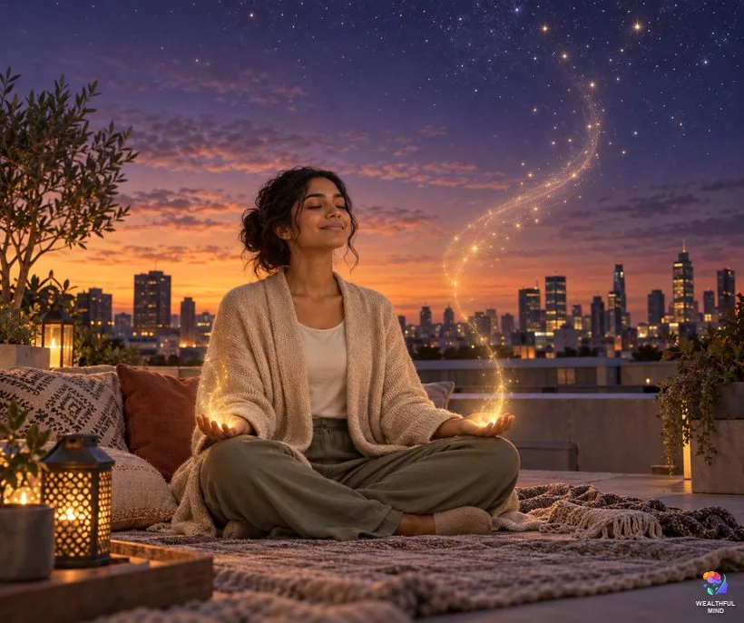 Universe prayers for manifestation: a young woman on a rooftop at dusk sending her wish out to the stars with open hands