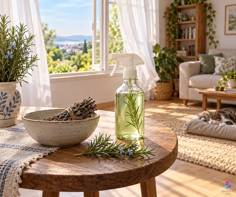 Using rosemary safely: a put-out rosemary bundle and a spray bottle of rosemary water by an open window, with a cat resting across the room