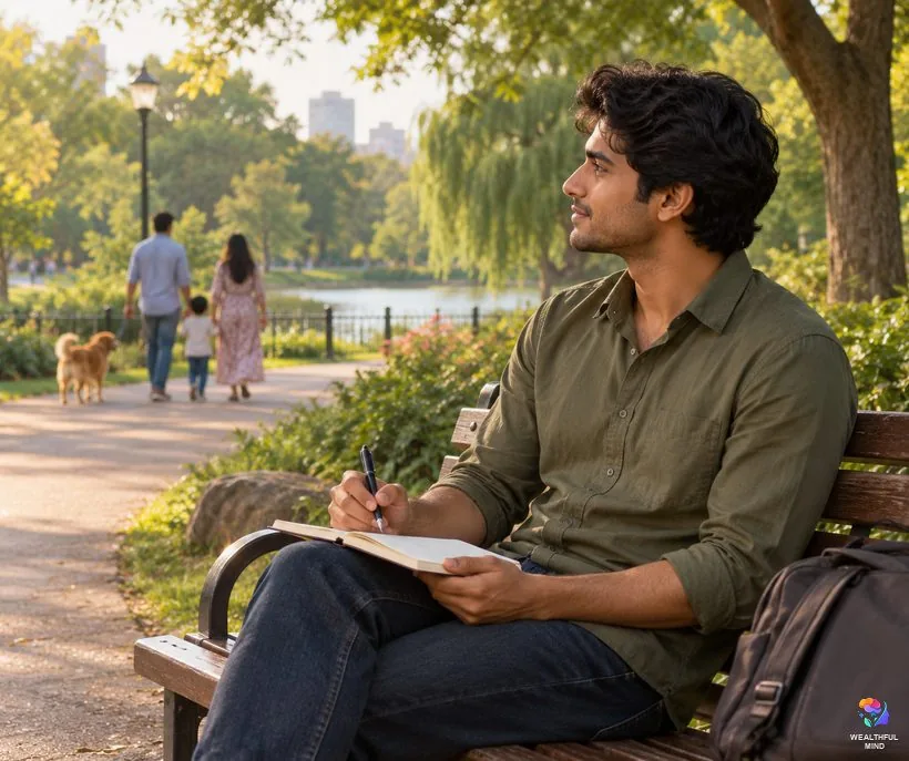 Values affirmation exercise: a young man writing about what matters to him on a park bench