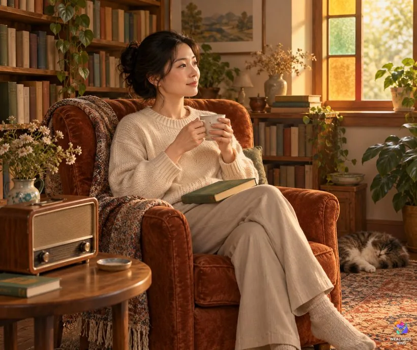 Famous versions of the law of compensation: a young woman with a book beside a vintage radio in a home library