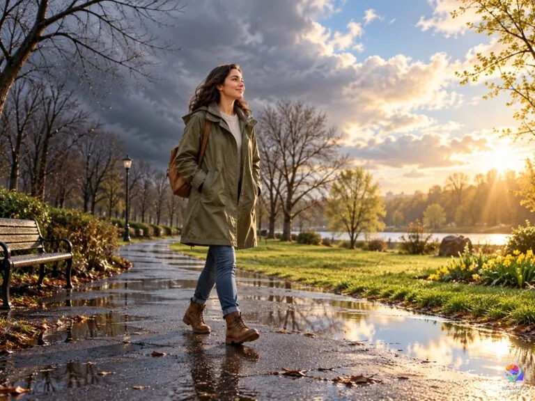 Victim of circumstance meaning: a young woman stepping from a passing storm towards sunlight on a park path