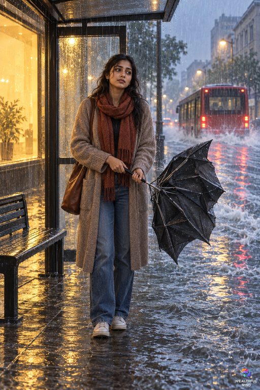 Victim of circumstance meaning: a young woman caught at a bus stop in a sudden downpour, a situation she could not control