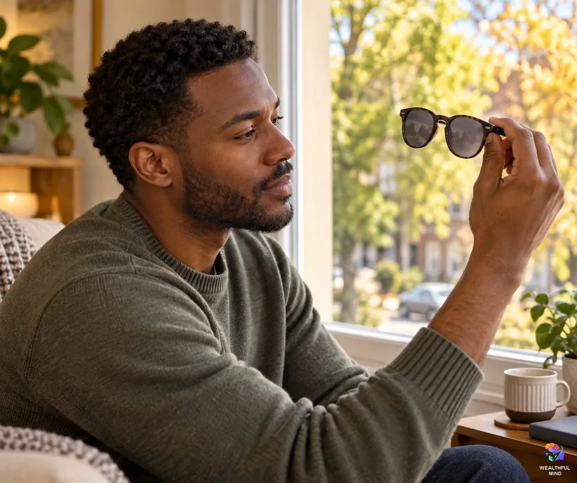 Victim of circumstance vs victim mentality: a young man looking at the tinted glasses that turn a sunny view grey
