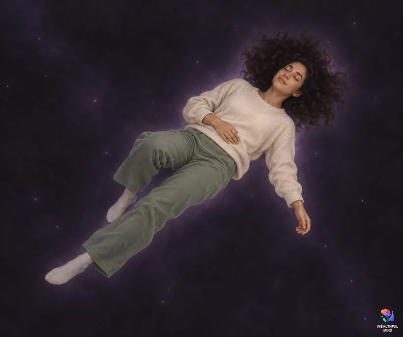 The void state shifting method: a young woman floating calmly with eyes closed in a soft, peaceful darkness
