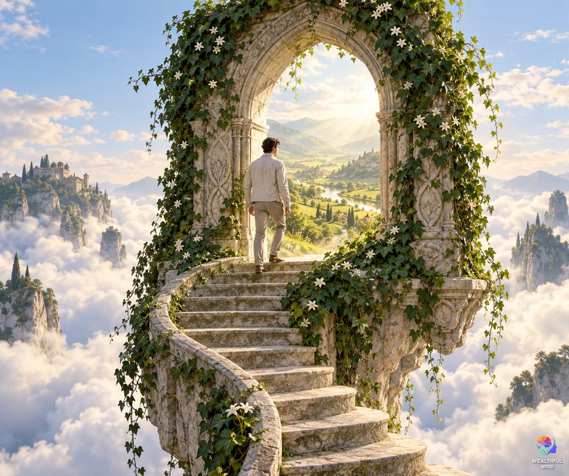 Waiting room idea, floating gateway: a young man about to step through a stone archway in the clouds to his DR