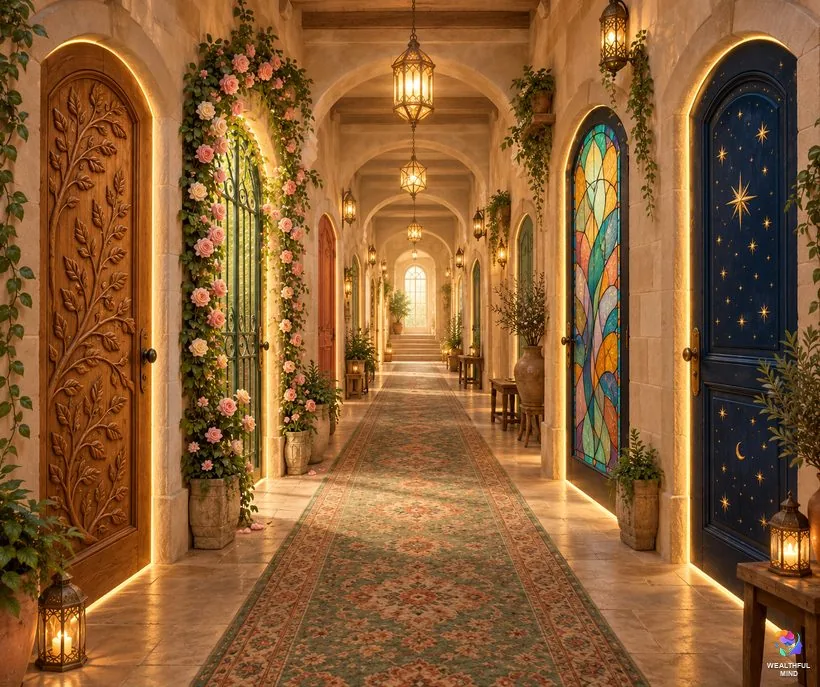 Waiting room portal hallway: a row of glowing doors, each leading to a different desired reality