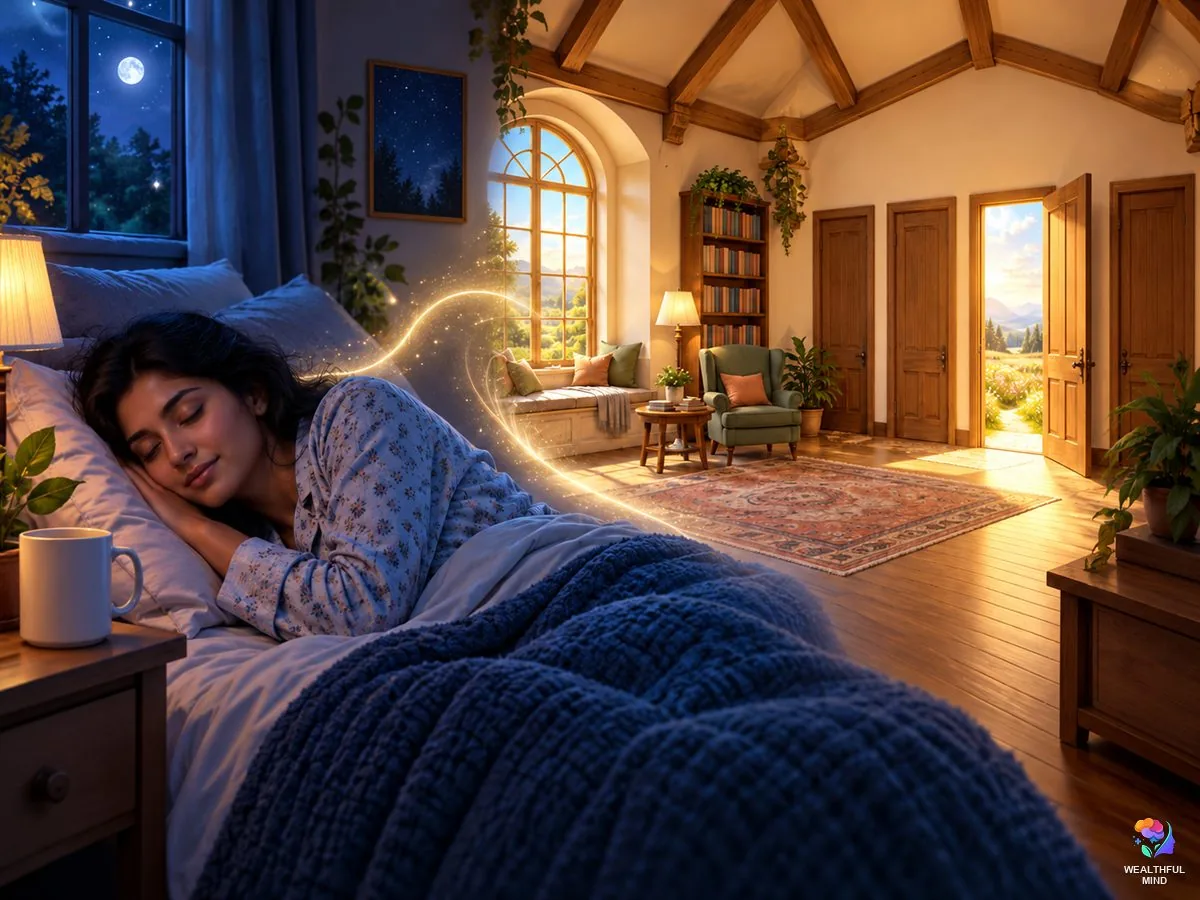 Waiting room shifting: a sleeping young woman linked by light to her waiting room with doors to her DR