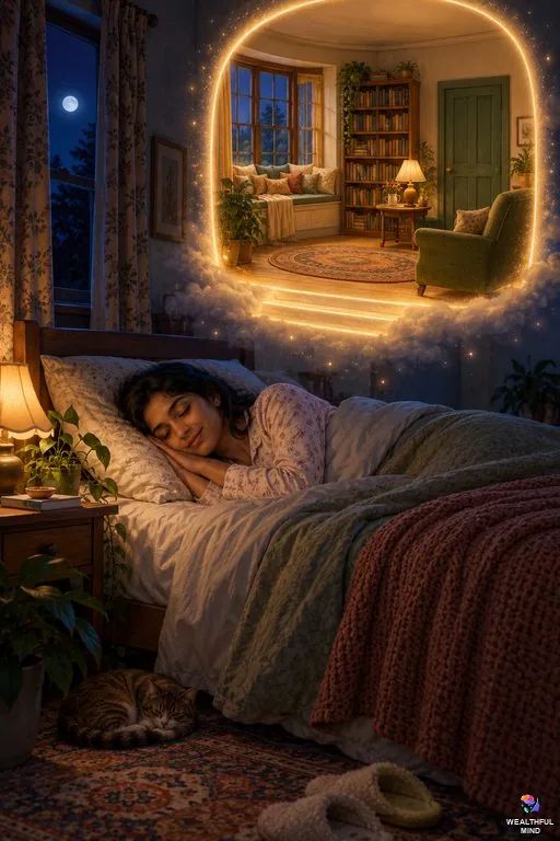 Waiting room shifting: a young woman asleep as a glowing doorway opens onto her cosy waiting room