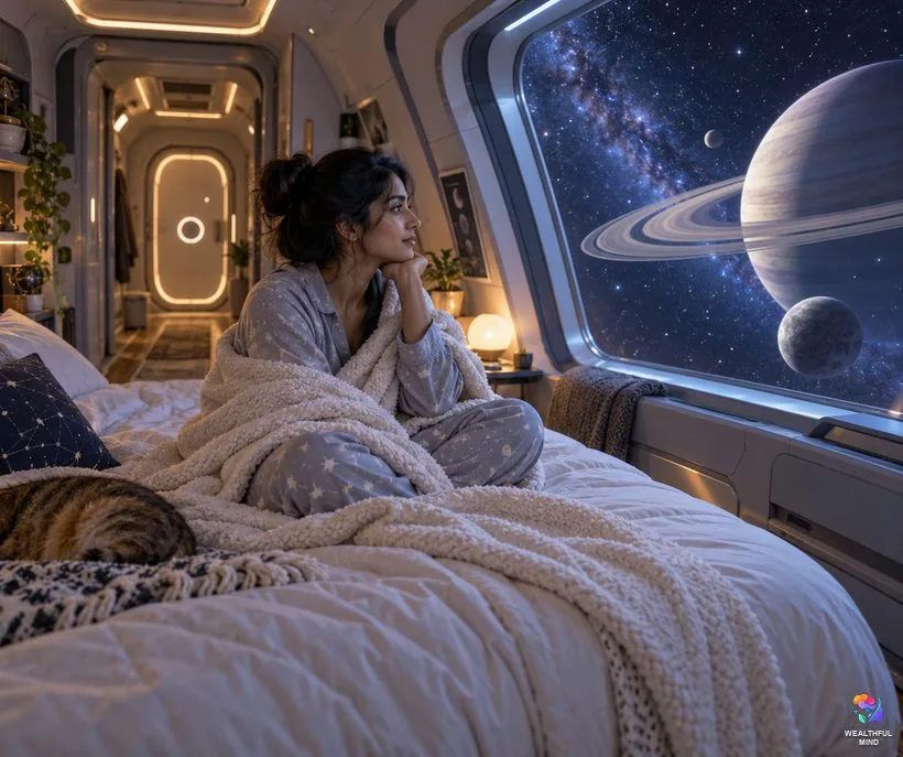 Waiting room idea, view of the stars: a young woman on a bed in a spaceship bedroom watching the planets