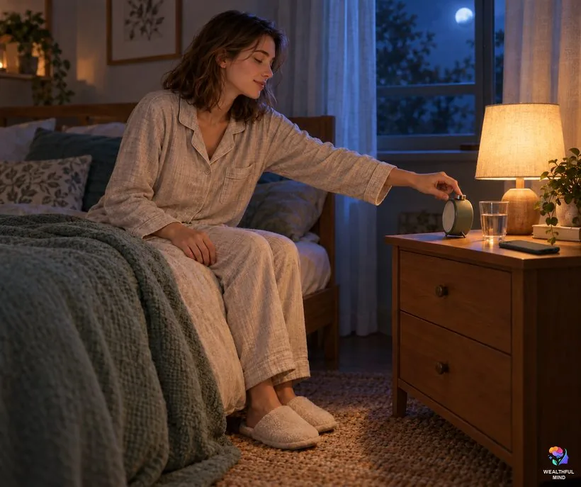 Wake back to bed method shifting: a young woman switching off her night alarm in a dim room before going back to sleep
