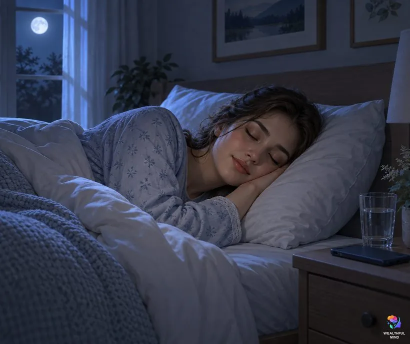 Wake back to bed and MILD for shifting: a young woman lying back down at night to fall asleep with a lucid dream intention