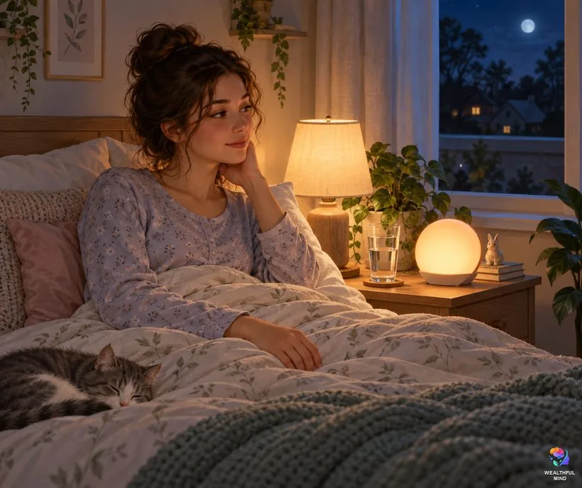Wake back to bed shifting: a young woman sitting up sleepily in bed in the middle of the night by a soft lamp