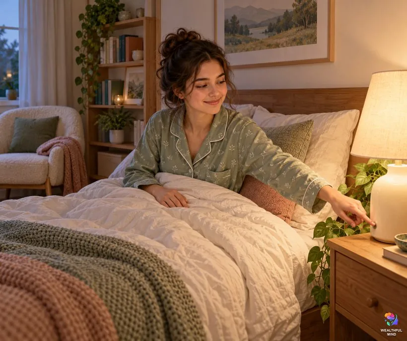 Waking at 3am scared: a young woman switching on a warm lamp that shows an ordinary, cozy bedroom