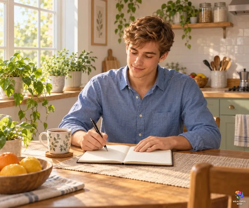 Waking at 3am and seeing a doctor: a young man keeping a sleep diary at a sunny kitchen table