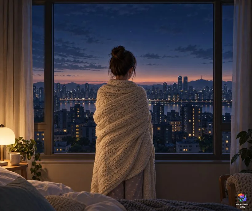 Waking between 3am and 5am: a young woman in a blanket watching the first hint of dawn over a city