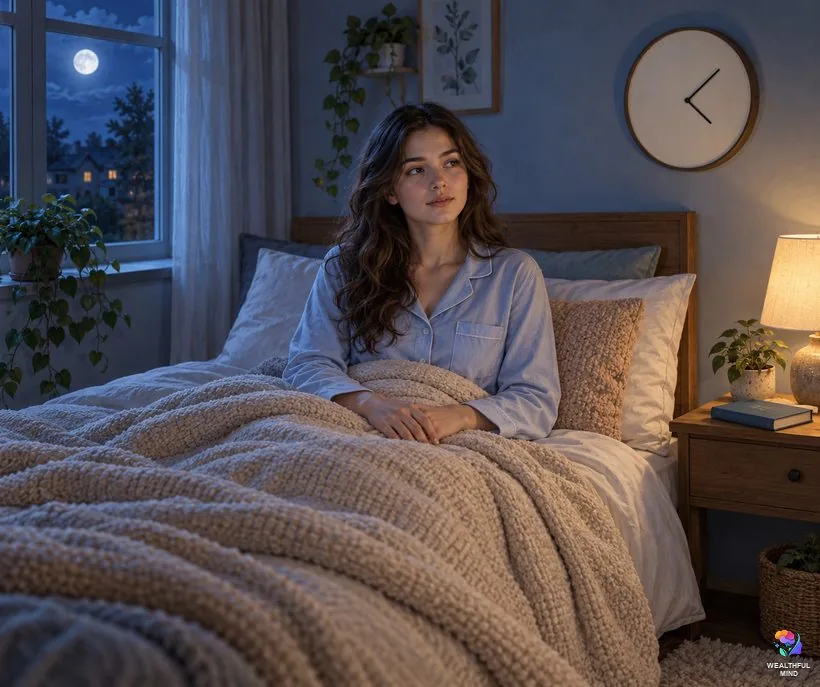 Waking at night: a young adult sitting up calmly in a moonlit bedroom beside a plain clock