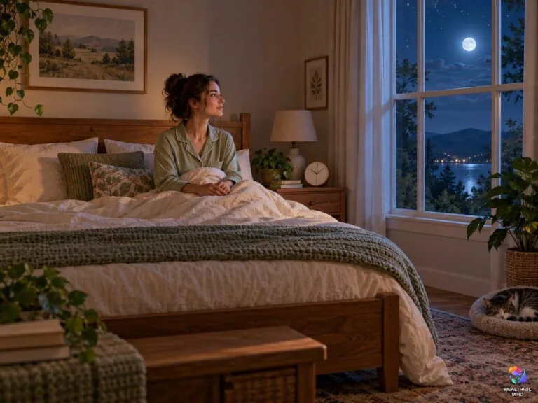 Waking up at 3am spiritual meaning: a young woman sitting up calmly in a moonlit bedroom
