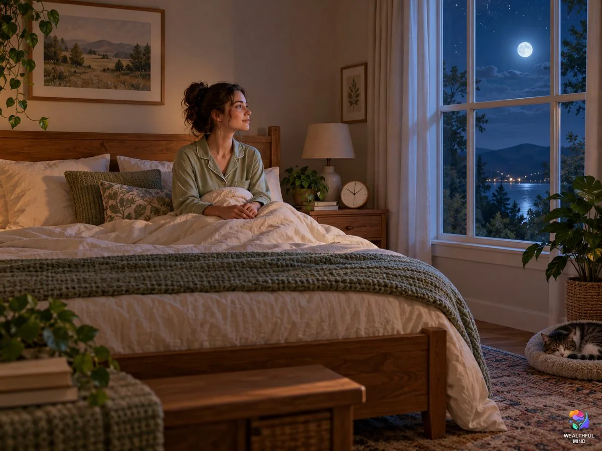 Waking up at 3am spiritual meaning: a young woman sitting up calmly in a moonlit bedroom