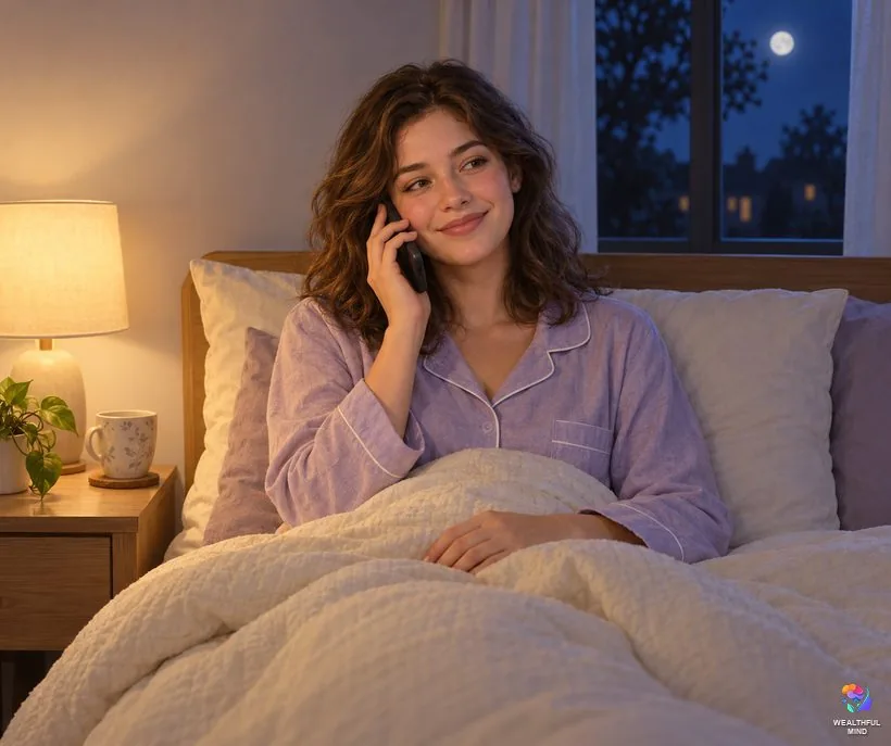 Warning dreams from God: a young woman sitting up in bed at night, calmly calling a loved one after a dream