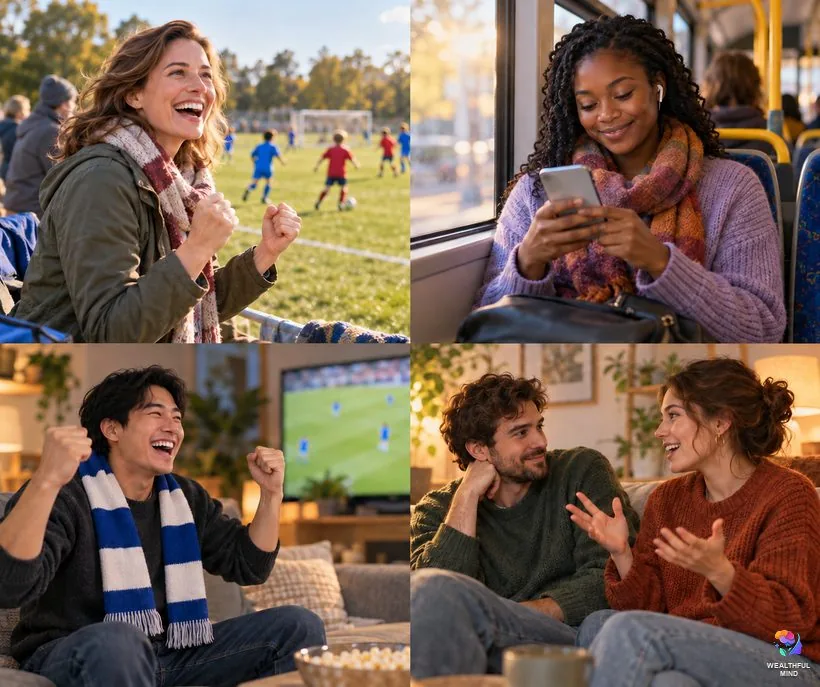 Living vicariously through others: a parent at a soccer game, a woman scrolling, a sports fan and a couple
