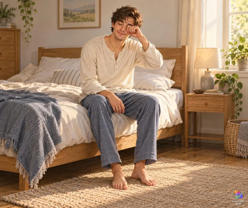 Ways to come back from shifting: a young man sitting up on the edge of his bed in morning light, back in his CR