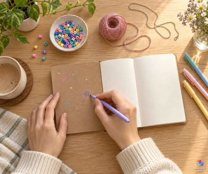 Ways to use the shifting symbol: a journal, pens, beads and a silver chain on a desk ready for crafting