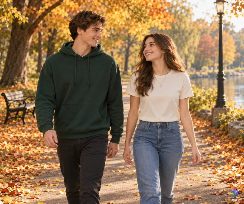 Wearing the shifting symbol: two young friends in a hoodie and a pendant walking through a sunny park