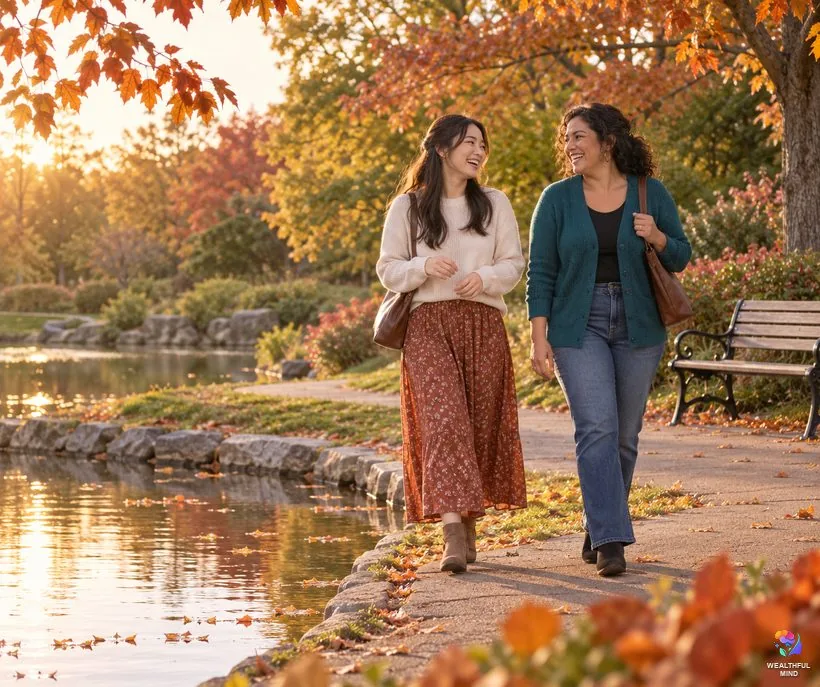 What age is life most enjoyable: a young woman and an older friend laughing together on a sunny park path