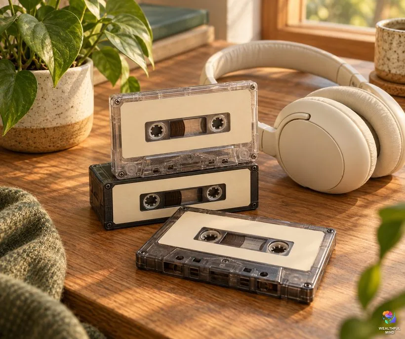 What are the Gateway tapes: old cassette tapes with blank labels next to over-ear headphones on a wooden desk